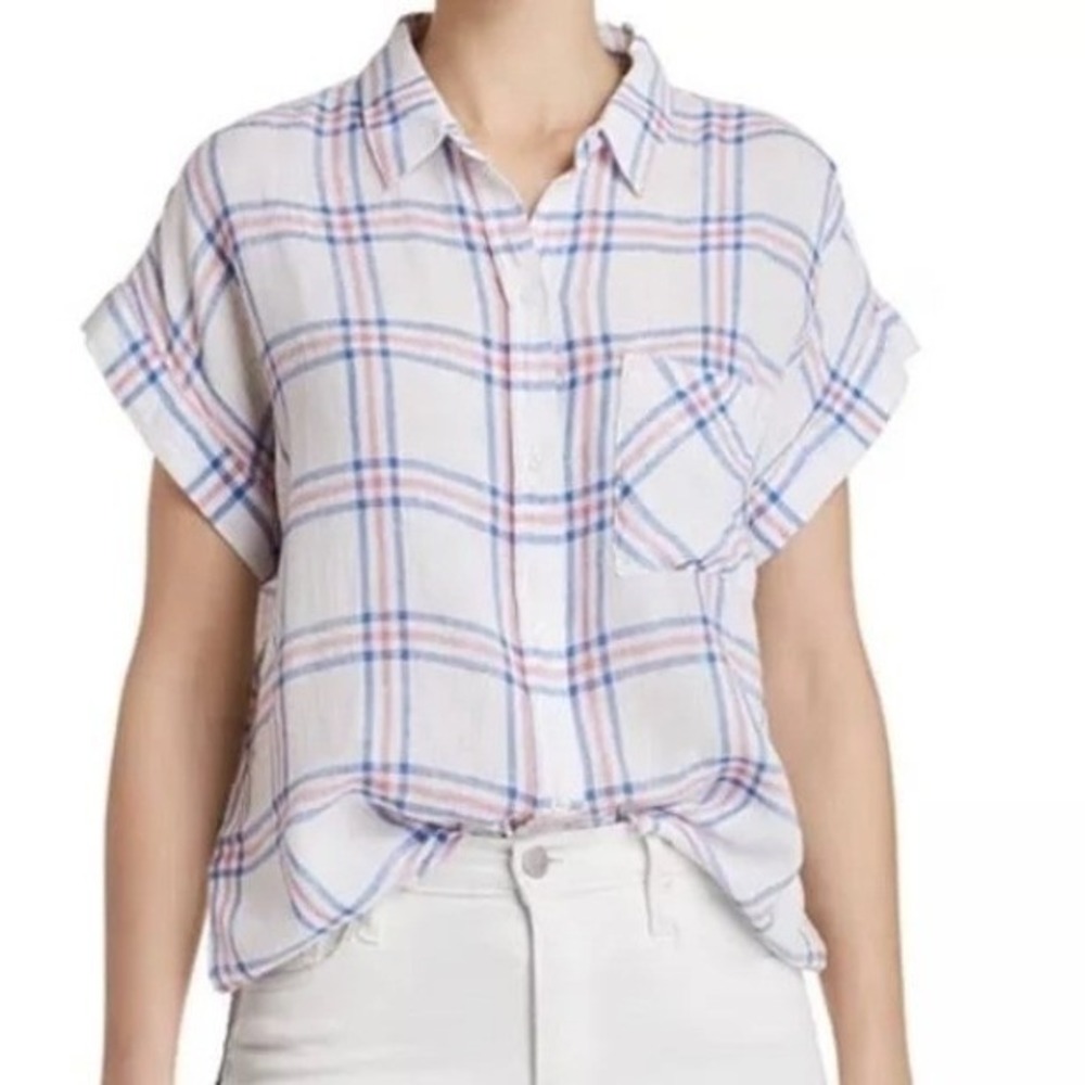 Rails Whitney Linen Plaid Button Up Shirt Coastal Grandmother Preppy Raspberry